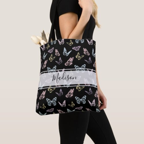 Elegant Black Colorful Pastel Butterfly Pattern Tote Bag