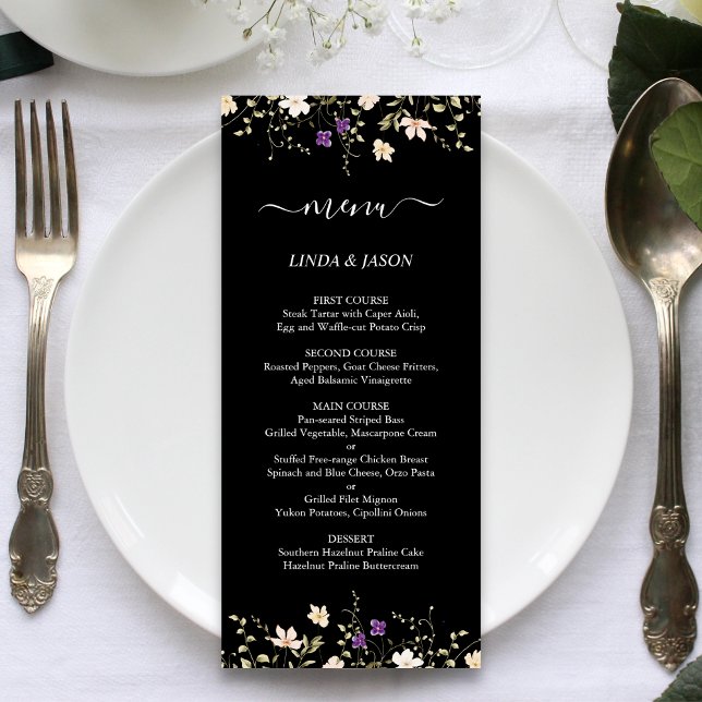 Elegant Black Colorful Wildflowers Floral Wedding Menu (Creator Uploaded)