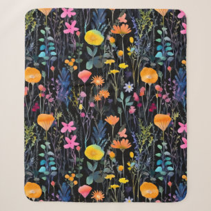 Elegant black colorful wildflowers watercolor sherpa blanket