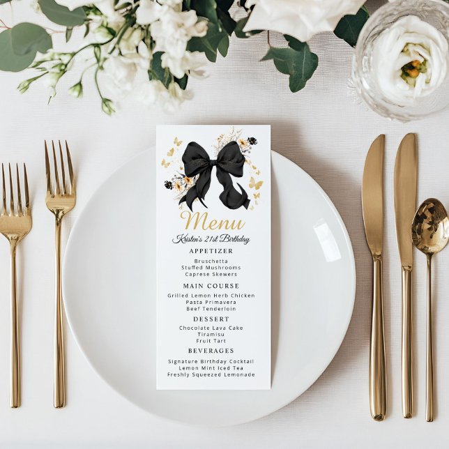 Elegant Black Coquette Bow Wildflower Menu Card (Elegant Black Bow Coquette Menu card)