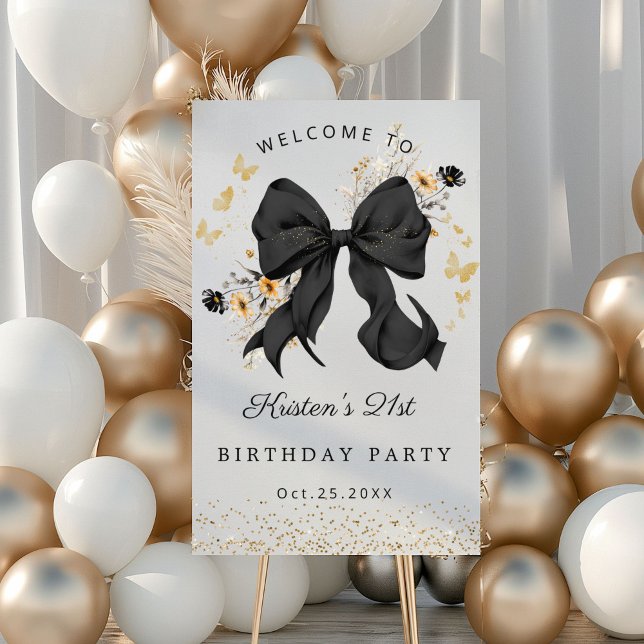 Elegant Black Coquette Bow Wildflower Welcome Sign (Elegant Black Gold Bow Wildflowers birthday welcome sign)