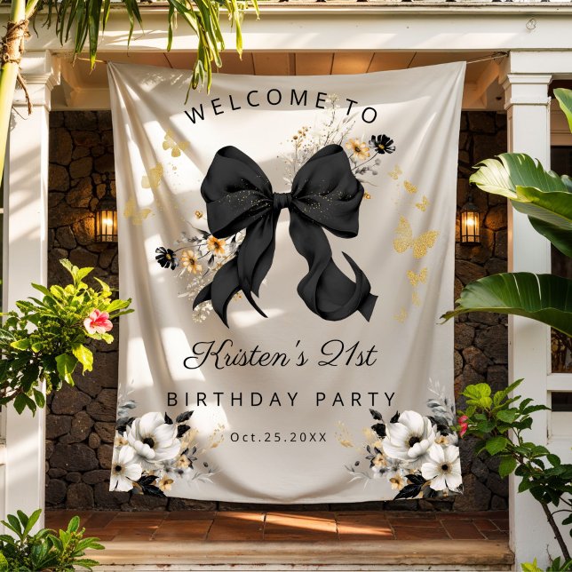 Elegant Black Coquette Bow Wildflowers Birthday Tapestry (Elegant Black Bow and Floral Birthday Tapestry decoration)