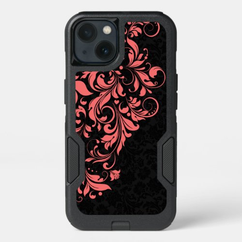 Elegant Black  Coral Red Girly Floral Lace iPhone 13 Case