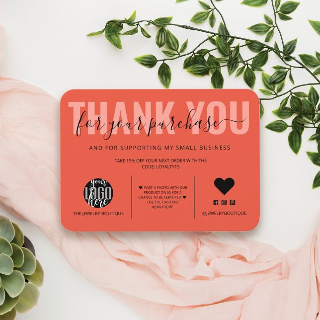 Elegant Black Coral Script Logo Customer Thank You Business Card (Creator Uploaded)