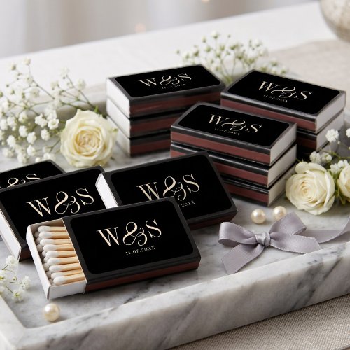 Elegant black couples initial wedding favor matchboxes