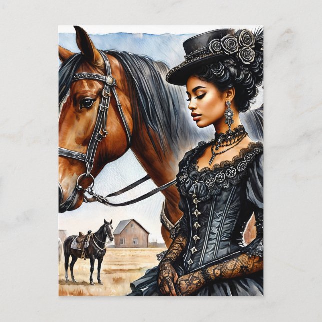 Elegant Black Cowgirl With Horse Postcard (Front)