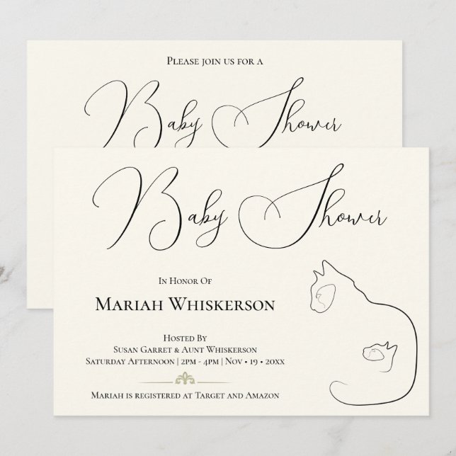 Elegant Black & Cream Cat Lover Baby Shower Invitation (Front/Back)