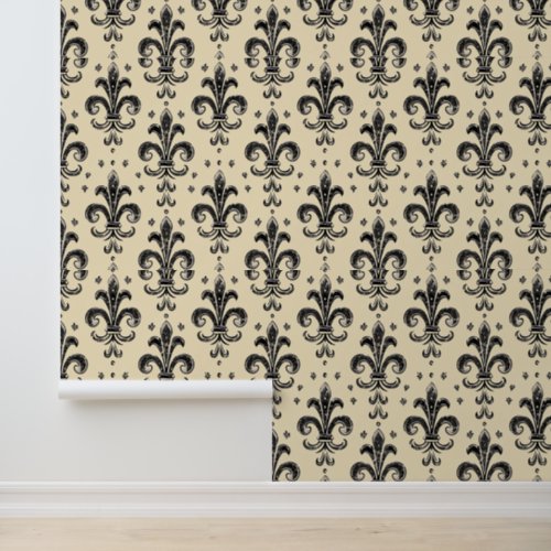 Elegant Black Cream Fleur de Lis Pattern Wallpaper