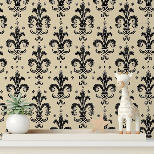 Elegant Black Cream Fleur de Lis Pattern Wallpaper