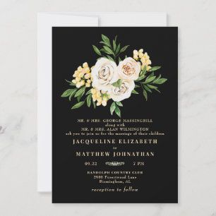 Elegant Black Cream Floral Peonies Wedding Invitation