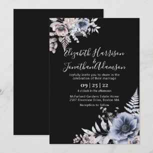 Elegant Black Cream Watercolor Floral Wedding Invitation