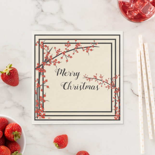 Elegant Black & Cream with Red Berries Christmas  Napkins (Insitu)