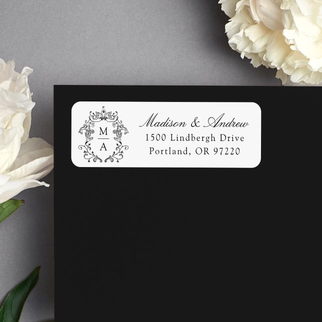 Elegant Black Crest Monogram Wedding Address Label (Creator Uploaded)