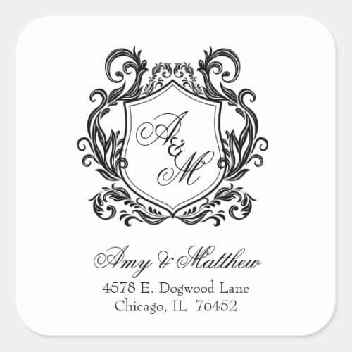 Elegant Black Crest Wedding Return Address Square Sticker