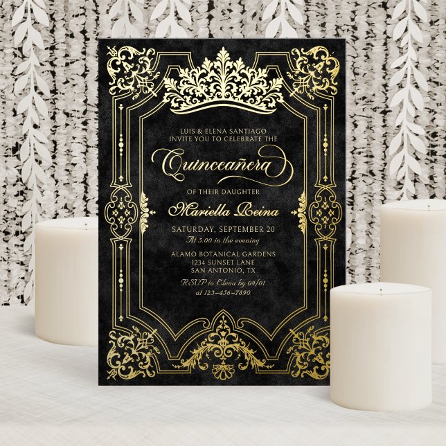 Elegant Black Crown Tiara Quinceanera Foil Invitation (Creator Uploaded)