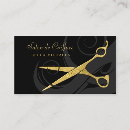 Elegant Black Curls Faux Gold Scissors Hair Salon Appointment Card