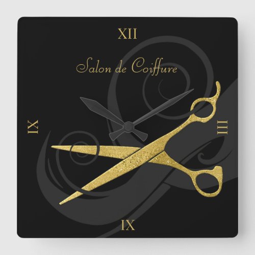 Elegant Black Curls Faux Gold Scissors Hair Salon Square Wall Clock