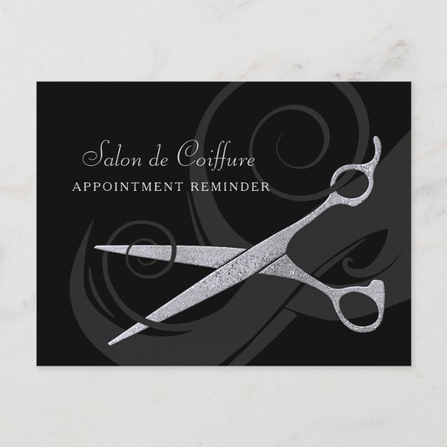 Elegant Black Curls Silver Scissors Appointment Postcard (Front)