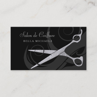 Elegant Black Curls Silver Scissors Hair Salon Appointment Card