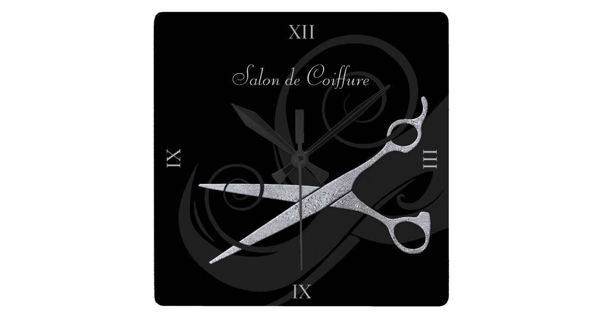 Elegant Black Curls Silver Scissors Hair Salon Square Wall Clock