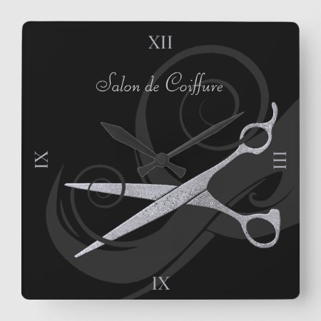 Elegant Black Curls Silver Scissors Hair Salon Square Wall Clock