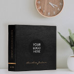 Elegant black custom logo modern script name 3 ring binder<br><div class="desc">Stylish chic custom logo personalized office or school work organizer binder featuring your company logo over a stylish black faux leather look (printed) background.                Suitable for small business,  home office,  corporate or independent business professionals,  school,  personal branding,  portfolios or stylists,  managers,  teachers,  students.</div>