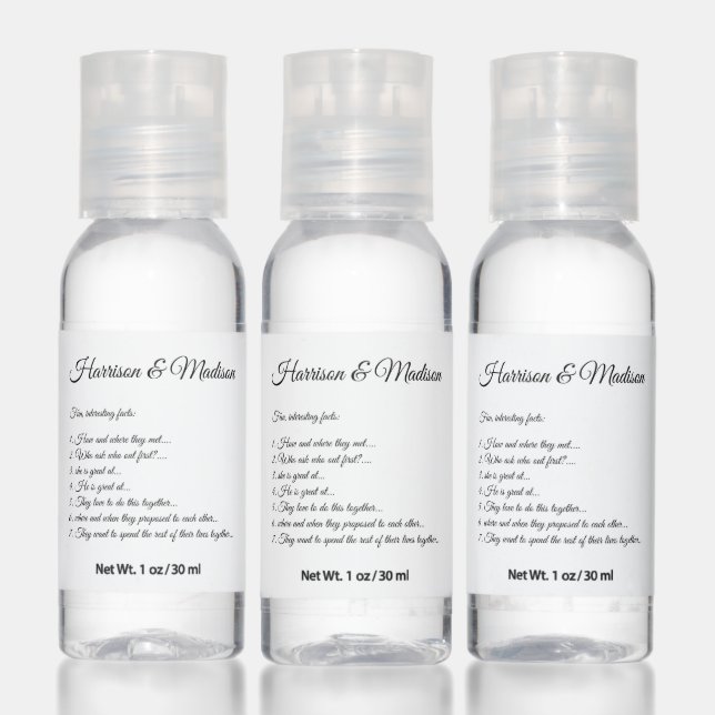 Elegant black custom script couple fun facts chic hand sanitizer (Set)