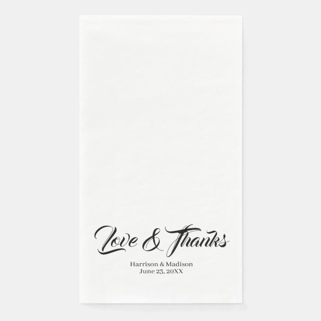 Elegant black custom script Love & Thanks wedding Paper Guest Towels (Front)