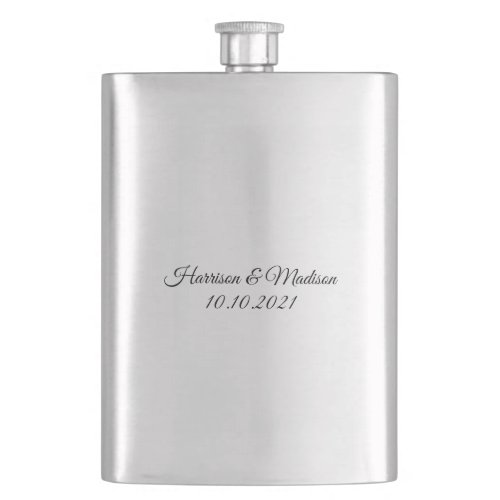 Elegant black custom script names  date Wedding Flask