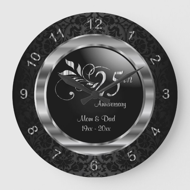 Elegant Black Damask - 25th Silver Anniversary Large Clock (Front)
