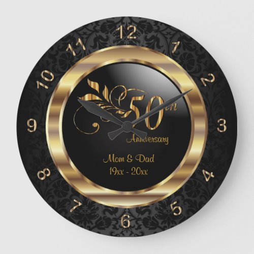 Elegant Black Damask _ 50th Golden Anniversary Large Clock