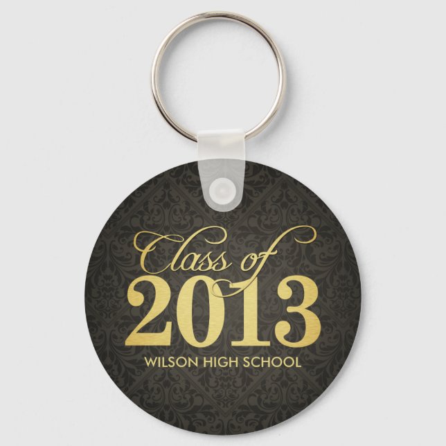 Elegant Black Damask and Gold Class of 2013 Keychain (Front)