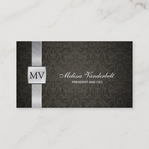Elegant Black Damask and Silver Business Cards