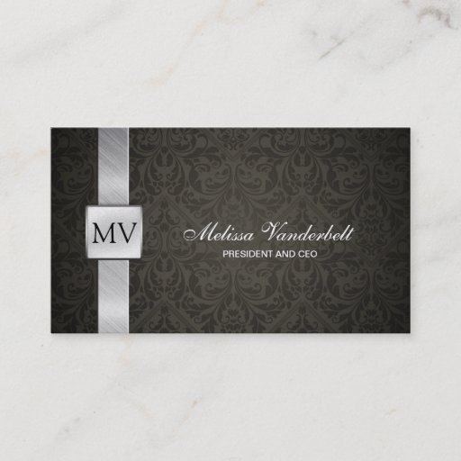 Customizable Elegant Black Damask and Silver Business Cards