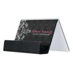 Elegant Black Damask And Silver Lace Desk Business Card Holder