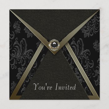 Elegant Black Damask Black And Gold Party Invitation by decembermorning at Zazzle