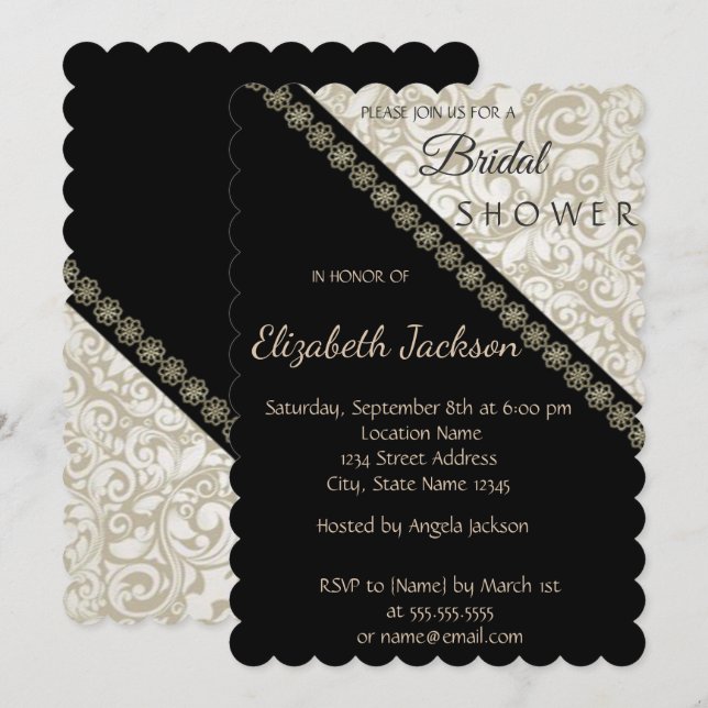 Elegant Black,Damask  Bridal Shower Invitation (Front/Back)