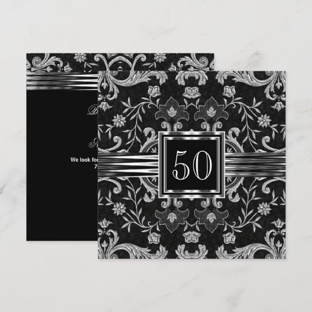 Elegant Black Damask Brocade Silver Birthday Party Invitation (Front/Back)