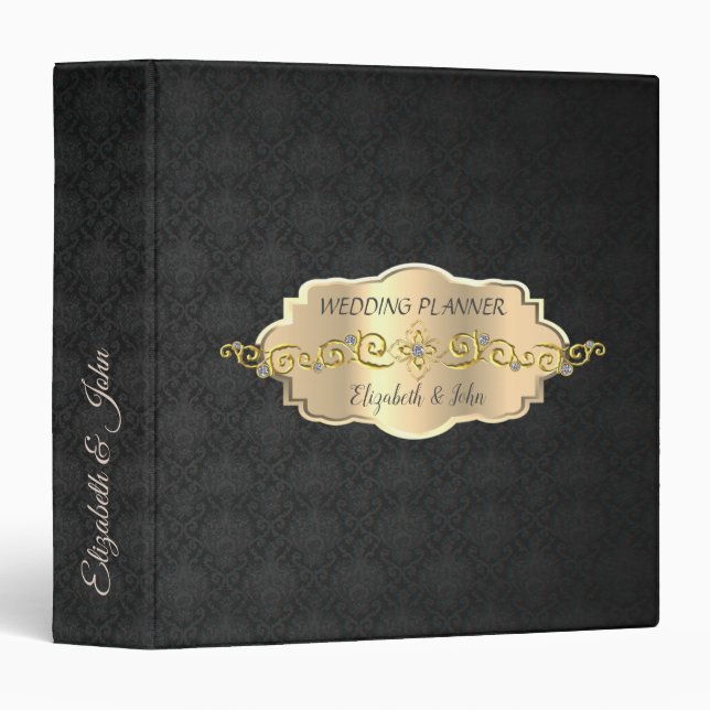 Elegant Black Damask,Chic ,Gold Frame 3 Ring Binder (Front/Spine)