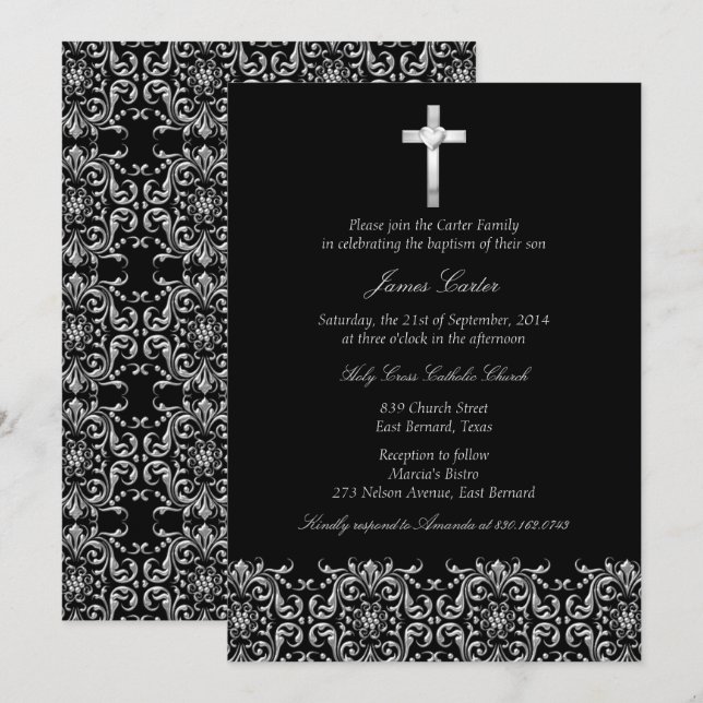 Elegant Black Damask & Cross Baptism/Christening Invitation (Front/Back)
