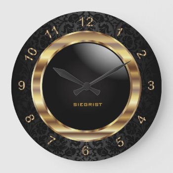 Elegant Black Damask Design Large Clock by DesignsbyDonnaSiggy at Zazzle