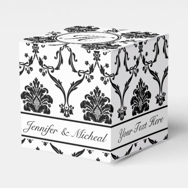 Elegant Black Damask Favor Box with Custom Name (Front Side)