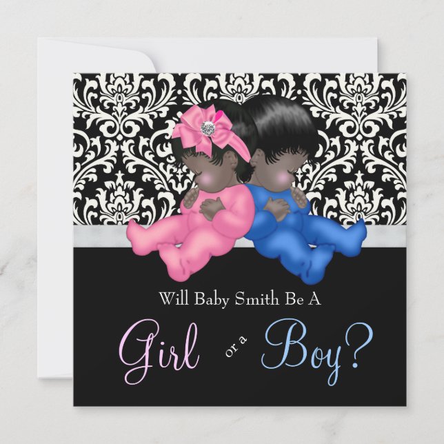 Elegant Black Damask Gender Reveal Shower Invitation (Front)