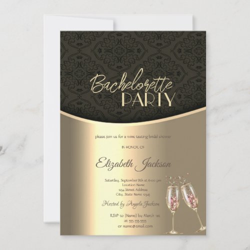 Elegant Black Damask Gold Bachelorette  Invitation