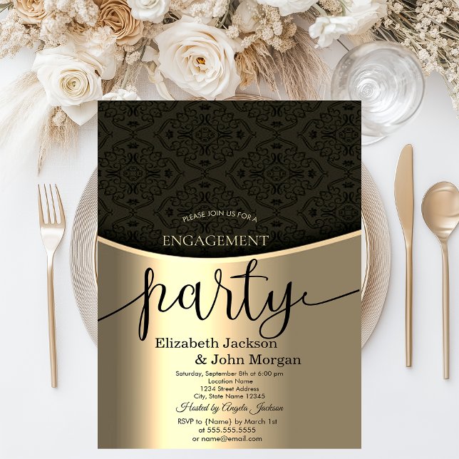 Elegant Black Damask Gold Engagement Party Invitation (Creator Uploaded)