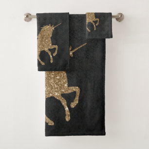 Elegant Black Damask Gold Glitter Unicorn Bath Towel Set