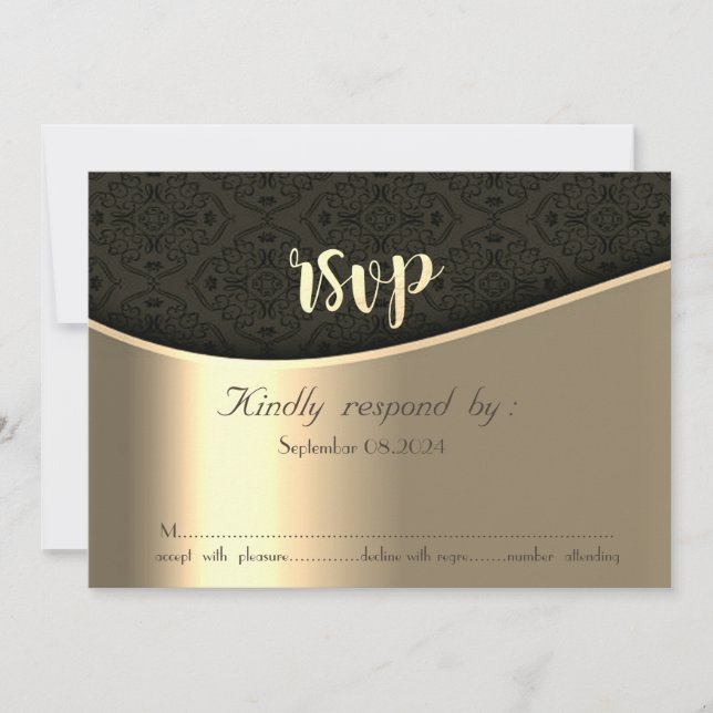 Elegant Black Damask Gold RSVP Card (Front)
