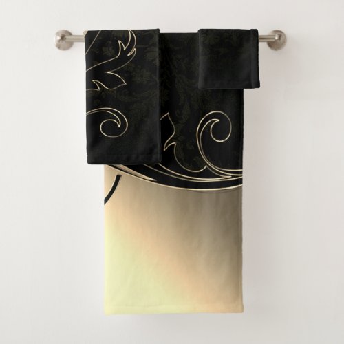 Elegant Black Damask Gold Swirls Bath Towel Set