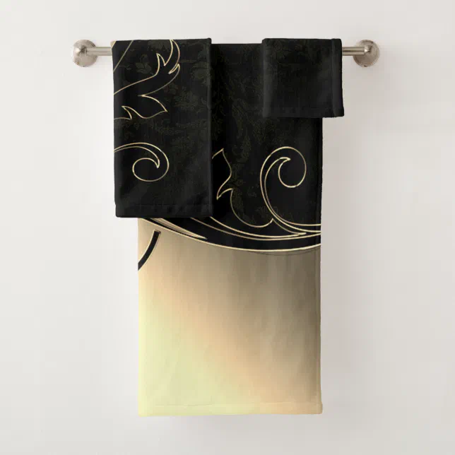 Elegant Black Damask Gold Swirls Bath Towel Set Zazzle