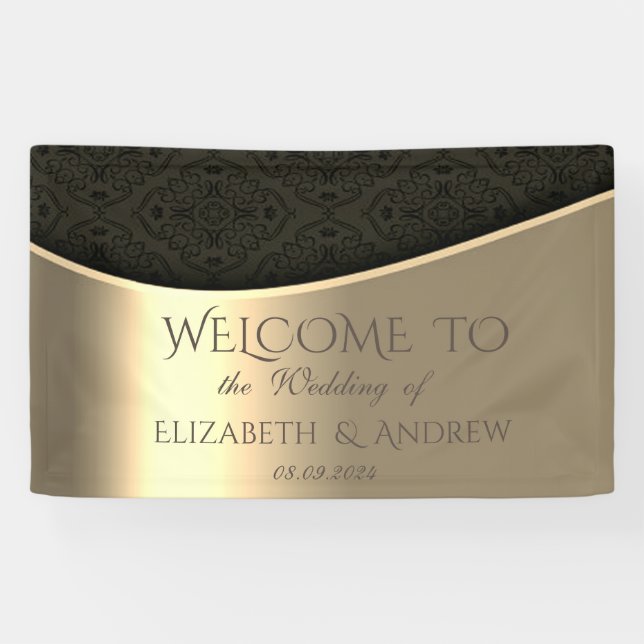Elegant Black Damask Gold Wedding Banner (Horizontal)